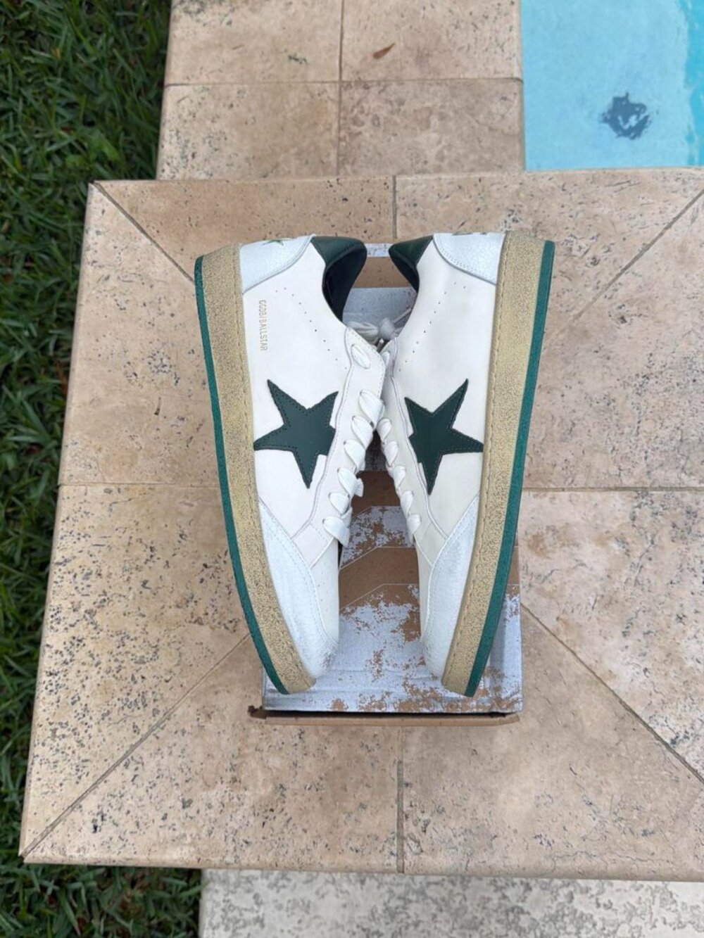 Golden Goose white and green trainers